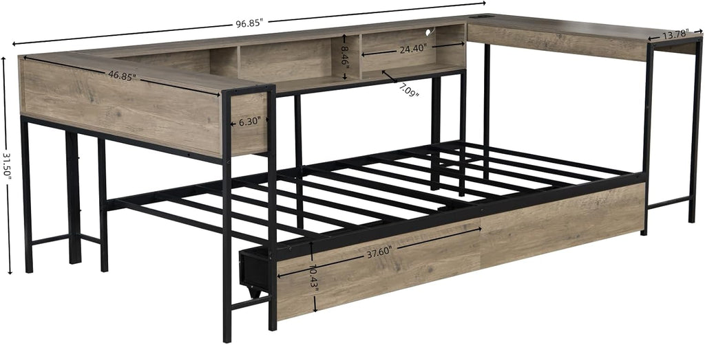 Bellemave Twin Corner Bed Frame with Desk and Storage, Twin Size Captains Bed with Charging Station and LED Light, Wood Daybeds with L-Shaped Bookcase and 2 Drawers, Grey
