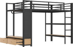 Bellemave Full Size Metal Loft Bed Frame with Wardrobe and Storage Shelves, Loft Bed with Pegboard and Drawers, Space-Saving Loft Bed Frame with Full-Length Guardrails, Black