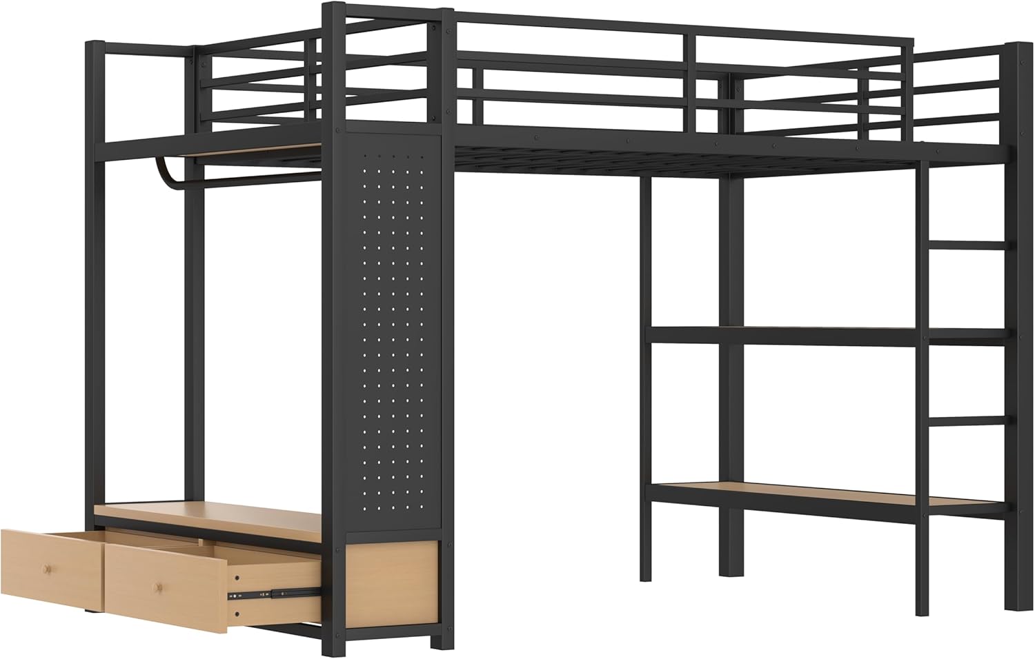 Bellemave Full Size Metal Loft Bed Frame with Wardrobe and Storage Shelves, Loft Bed with Pegboard and Drawers, Space-Saving Loft Bed Frame with Full-Length Guardrails, Black