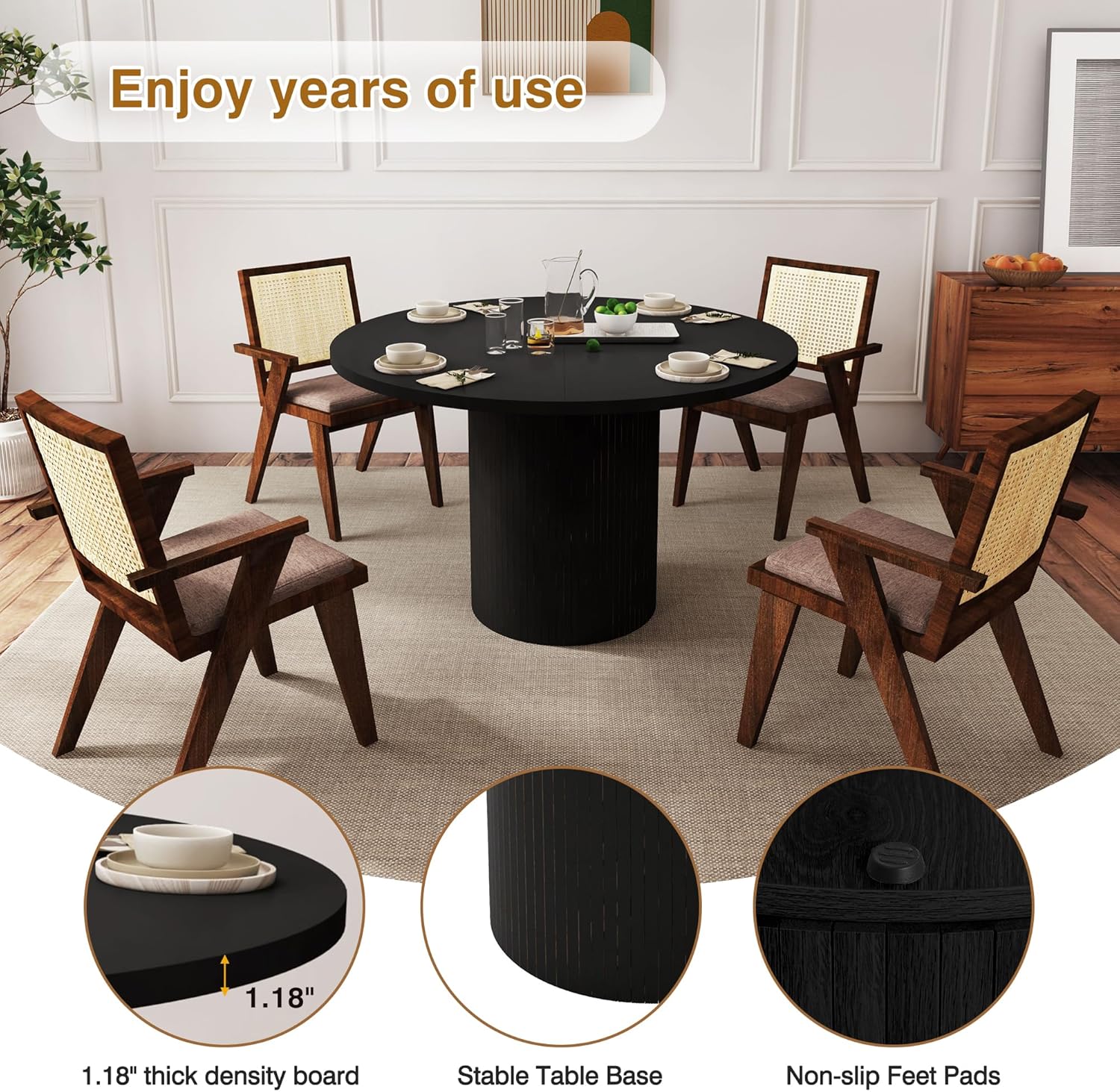 47 Inch Round Dining Table, Farmhouse Fluted Dining Kitchen Table, Modern Wood Small Circle Dining Table for Kitchen Living Room, Black