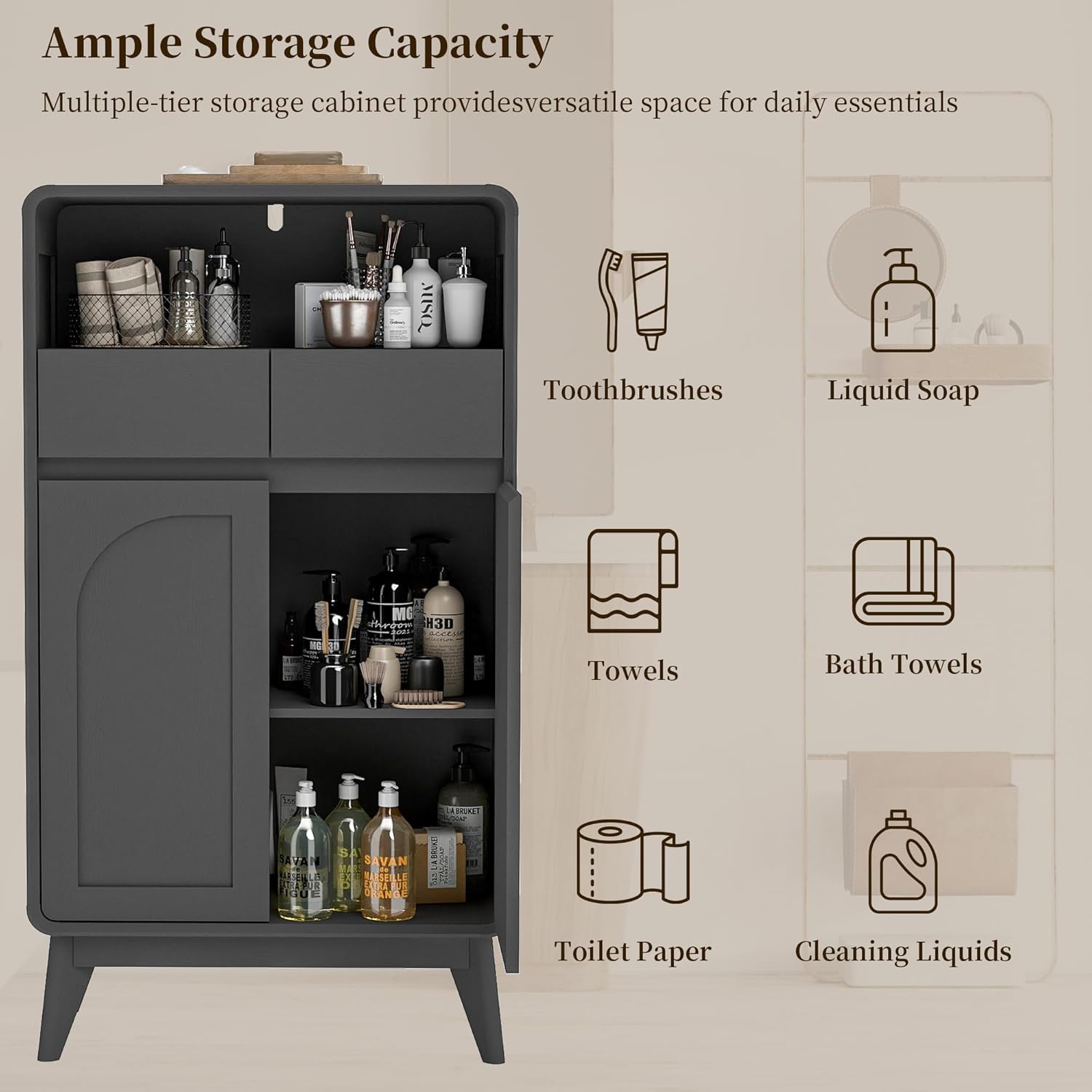 Bathroom Storage Cabinet, Tall Kitchen Storage Cabinet with Drawers and Shelves, Corner Coffee Bar Table Freestanding Sideboard for Living Room, Entryway, Black