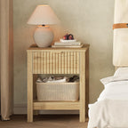 Fluted Night Stand with Golden Handle,Set of 2 Mid-Century Nightstands with Drawer, Bedside Table with Storage Shelf,Large Wood End Tables for Livingroom,Bed Side Tables for Bedroom, Natrual Oak