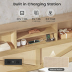 AOGLLATI Full Size Bed Frame with 4 Storage Drawers and Natural Rattan 2-Tier Bookcase Hidden Headboard, Boho Led Bed Frame Full Size with Charging Station, No Box Spring Needed, Wood