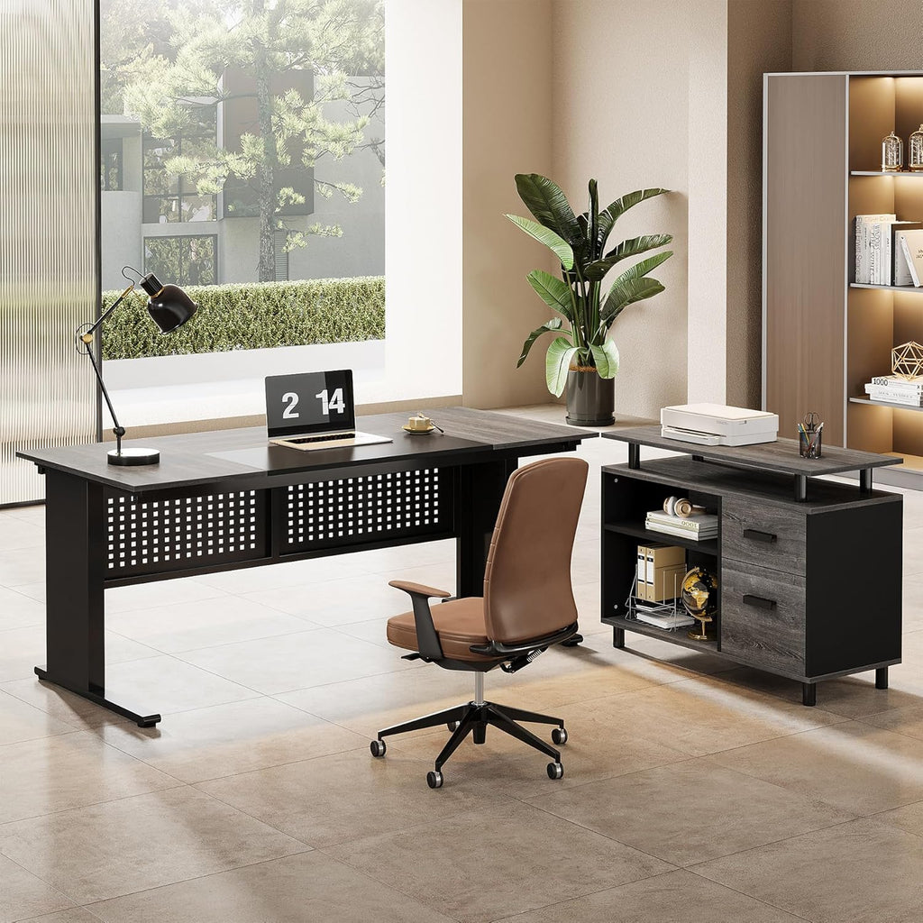 Tribesigns 63-Inch L-Shaped Executive Desk with Storage Shelves, Large Office Computer Desk with Drawers and File Cabinet, Industrial Business Workstation for Home Office, Gray and Black