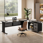 Tribesigns 63-Inch L-Shaped Executive Desk with Storage Shelves, Large Office Computer Desk with Drawers and File Cabinet, Industrial Business Workstation for Home Office, Gray and Black