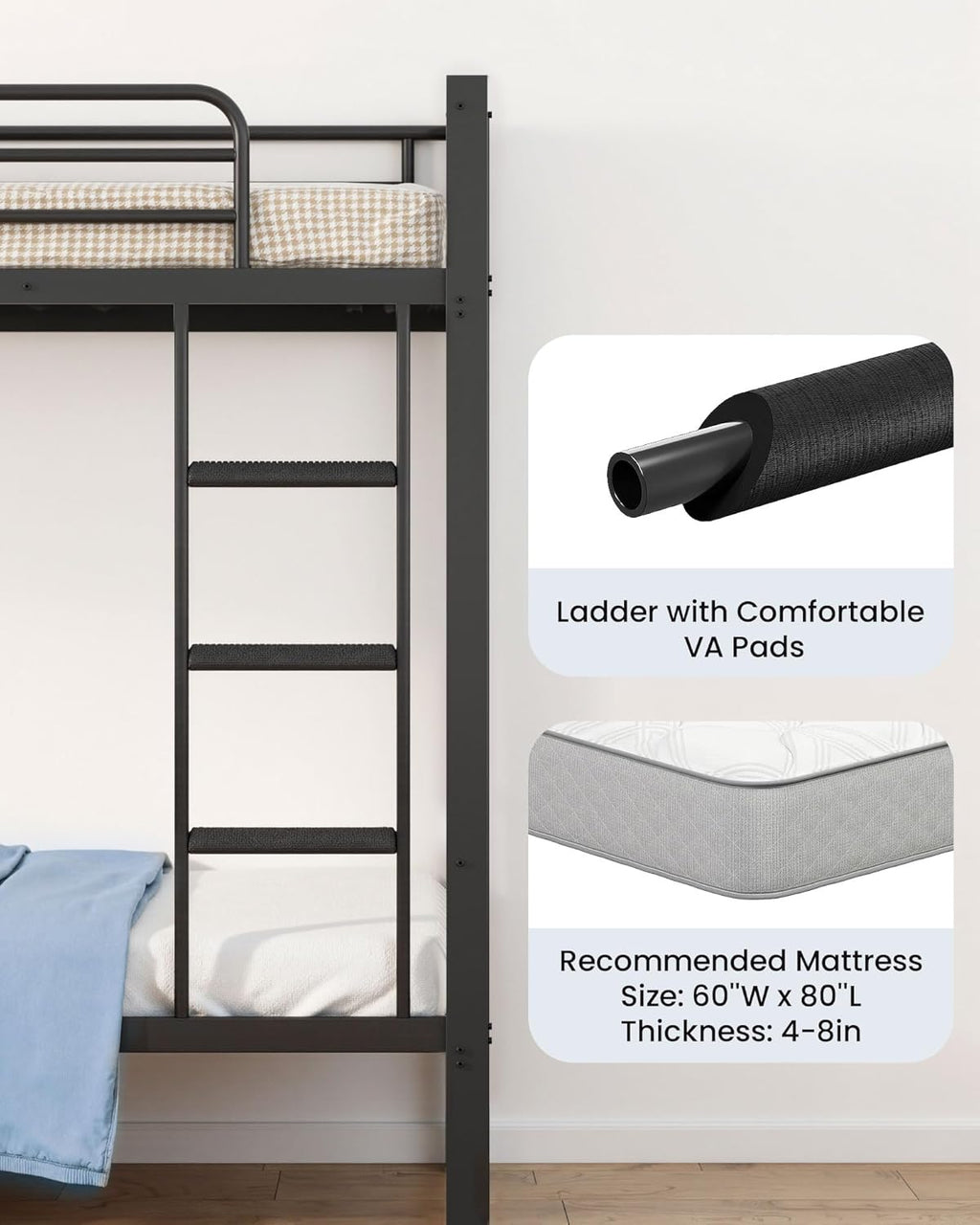 Queen Over Queen Bunk Bed for Adults & Teens, Heavy Duty Metal Bunk Bed with EVA Anti-Slip Ladder & Full-Length Guardrails, Noise-Free Queen Bunk Bed Frame with Under-Bed Storage, Black