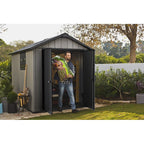Oakland 7 x 7 FT Rustic Worn Wooden Texture Storage Shed with High Ceiling And Victorian Window
