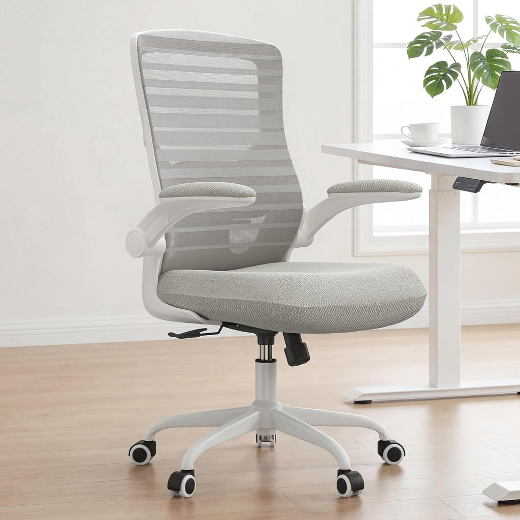 Office Chair for Long Hours & Back Pain Relief – 4" Thick Molded Foam Cushion, Padded Lumbar Support and Flip-up Armrests, Ideal for Office or Study, Light Gray