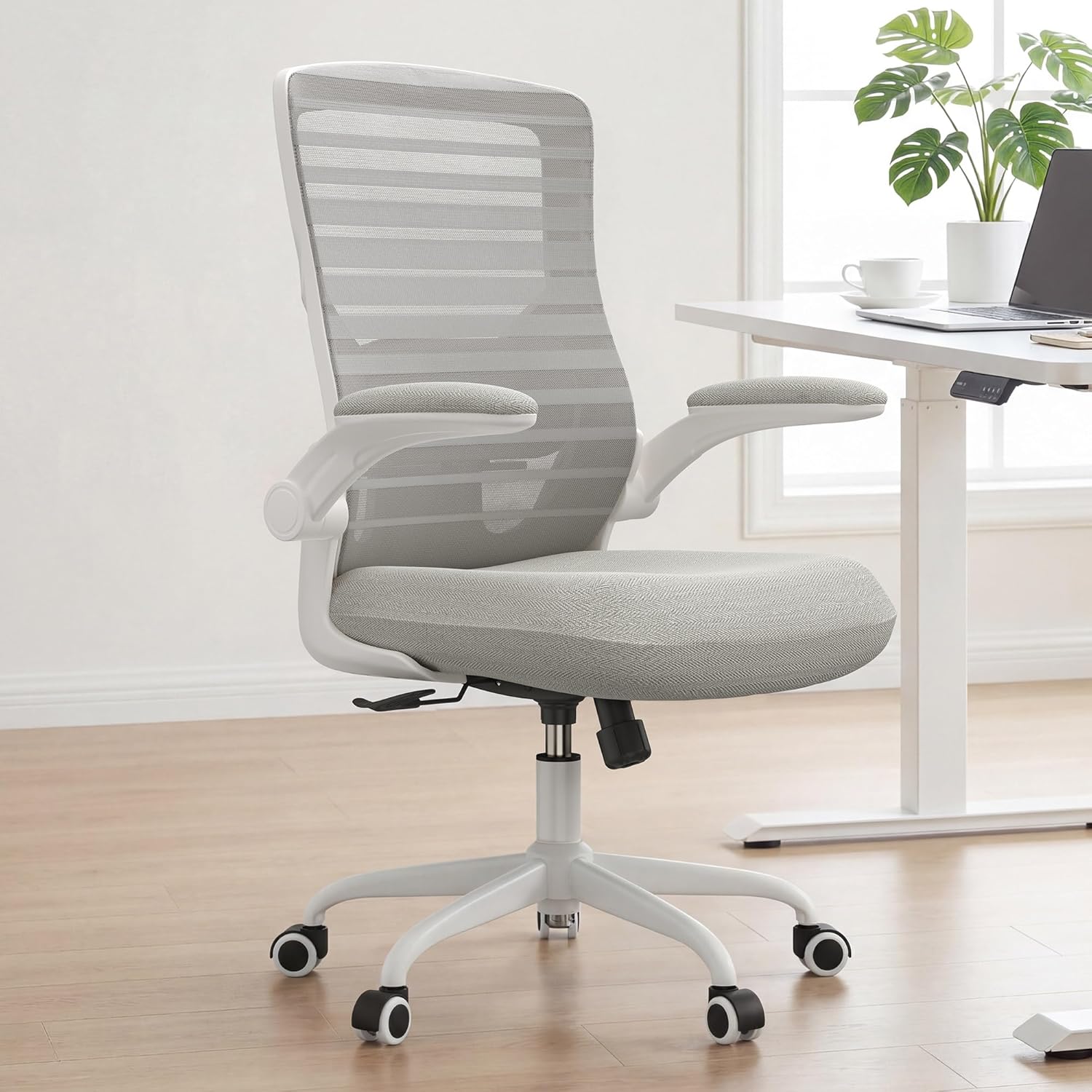 Office Chair for Long Hours & Back Pain Relief – 4" Thick Molded Foam Cushion, Padded Lumbar Support and Flip-up Armrests, Ideal for Office or Study, Light Gray