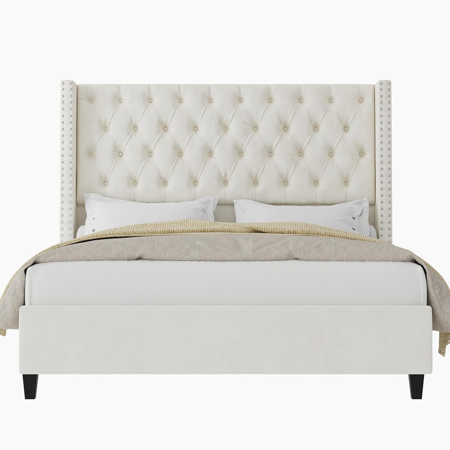 Jocisland King Upholstered Bed Frame with Tall Headboard Wingback Platform Bed Tufted Deep Button Velvet/No Box Spring Needed/Easy Assembly/Cream