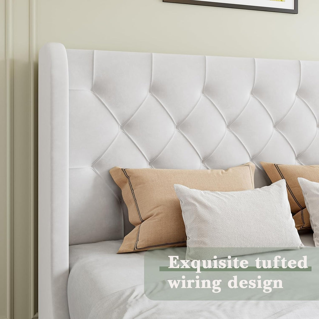 HOMBCK White Queen Bed Frame, Velvet Upholstered Platform Bed Frame with Headboard, Curved Wingback Design, Wooden Slats, No Box Spring, Noise Free, Easy Assembly