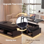 YESHOMY 40" Lift Top Coffee Table with Hidden Storage & Multi-Color LED Lights, Modern Square Wood Table with 4 Open Shelves for Living Room and Small Space, Black