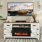 Fireplace TV Stand, 70" Farmhouse TV Stand with Barn Door for 80" TVs, Entertainment Center with Black Fireplace & Storage, White