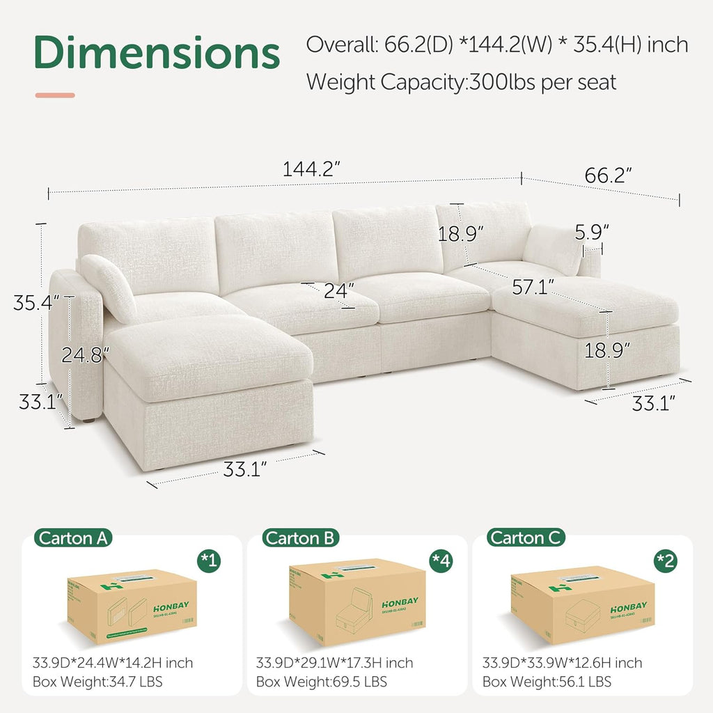 HONBAY Sectional Couch with Storage Seats, Modular Sectional Sofa with Storage Ottoman, U Shaped Sectional Couches for Living Room, Light Beige