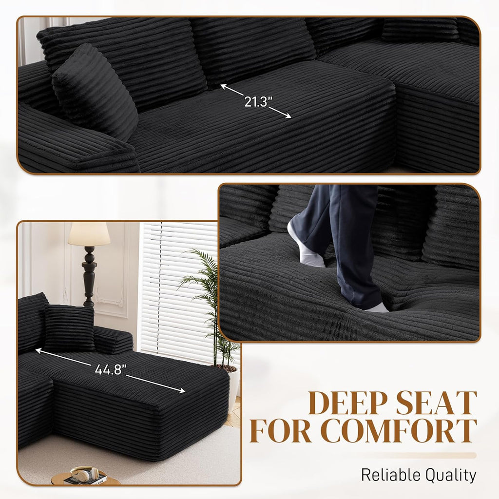 95" Boneless Cloud Sectional Couches for Living Room, Comfy Fluffy L Shaped Deep Seat Memory Foam Boneless Couch, Modular Sectional Sofas with Right Facing Chaise, Black