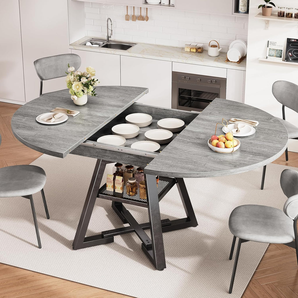 43‘’-57‘’ Extendable Round Dining Table for 4-6, Modern Industrial Kitchen Oval Dining Table with Removable Leaves, Space Saving Pedestal Base with Storage Shelf for Kitchen Living Room (Grey)