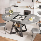 43‘’-57‘’ Extendable Round Dining Table for 4-6, Modern Industrial Kitchen Oval Dining Table with Removable Leaves, Space Saving Pedestal Base with Storage Shelf for Kitchen Living Room (Grey)