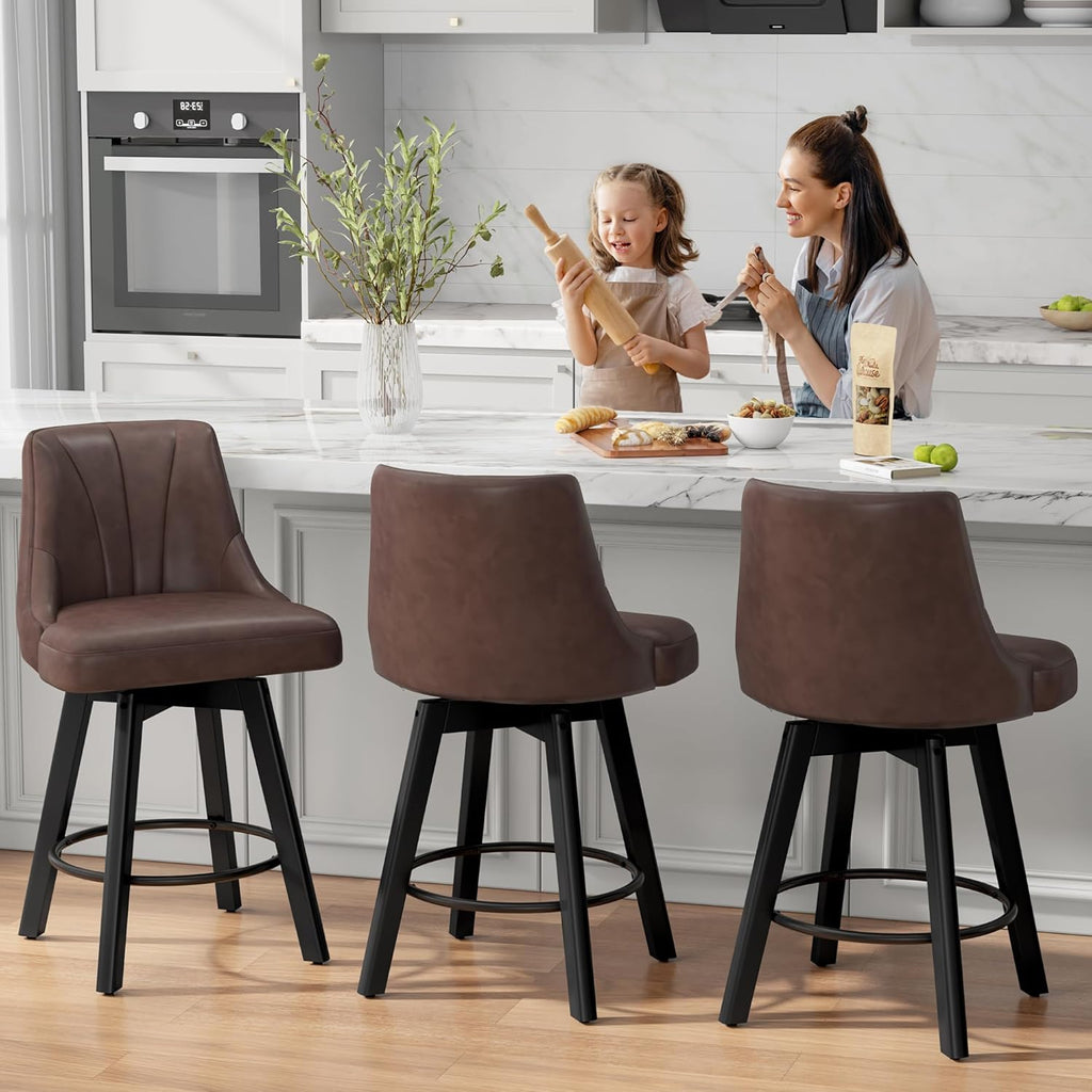 Counter Height Swivel Bar Stool, 24" Upholstered PU Leather Barstools Set of 4, Counter Stool Chair with Back & Solid Wood Legs for Kitchen Island Dining Room (Brown)