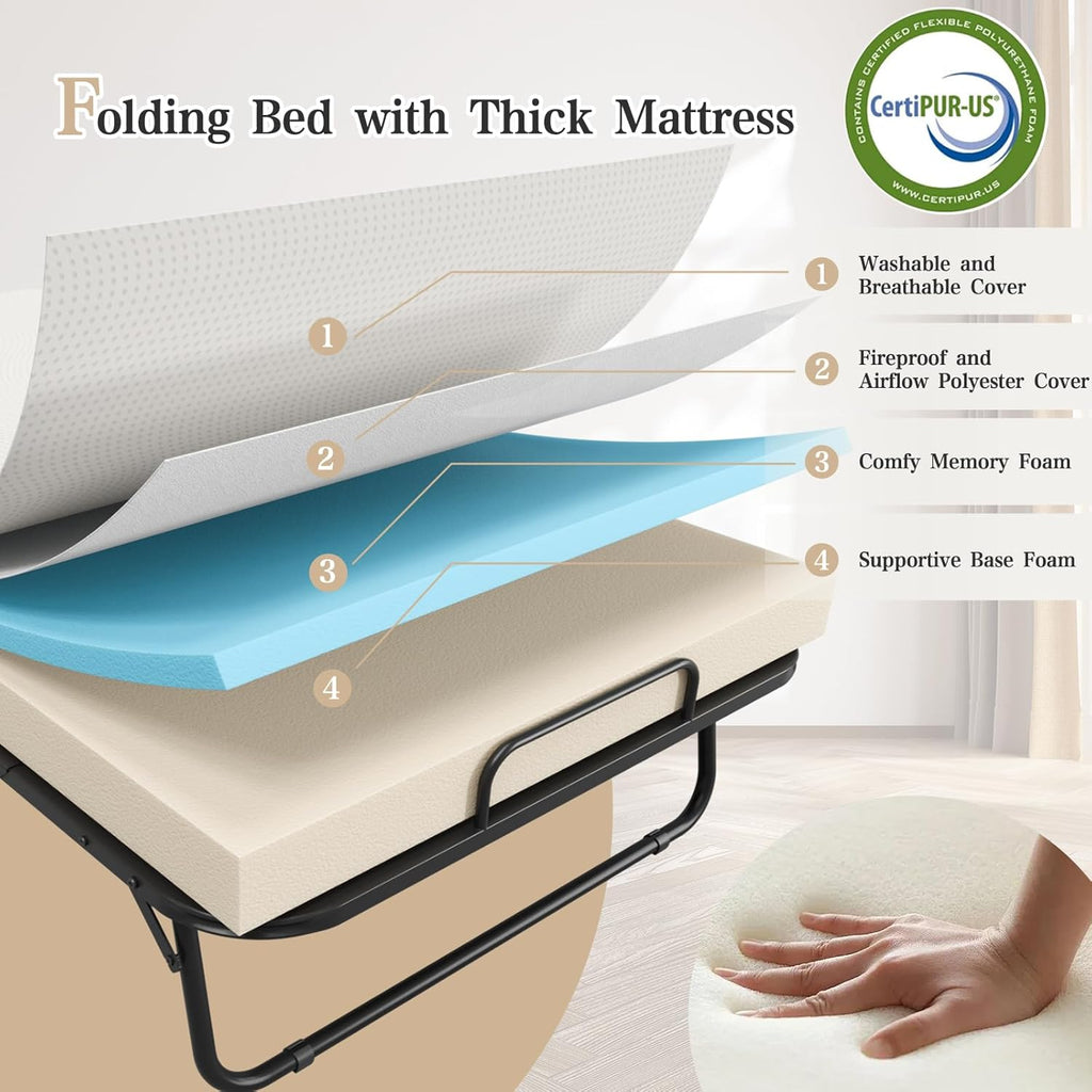 75''x31'' Folding Guest Bed for Adults, Foldable Rollaway Bed with Memory Foam Mattress & Sturdy Fold Up Metal Frame for Bedroom, Office, Apartments, Space-Saving Design for Easy Storage