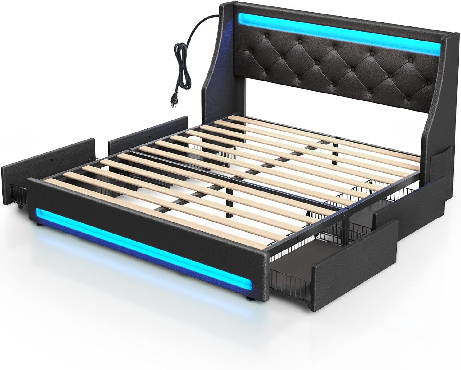 Rolanstar Full Bed Frame with LED Lights and Charging Station, PU Leather Bed with Drawers, Wooden Slats, Noise Free, Easy Assembly, Black