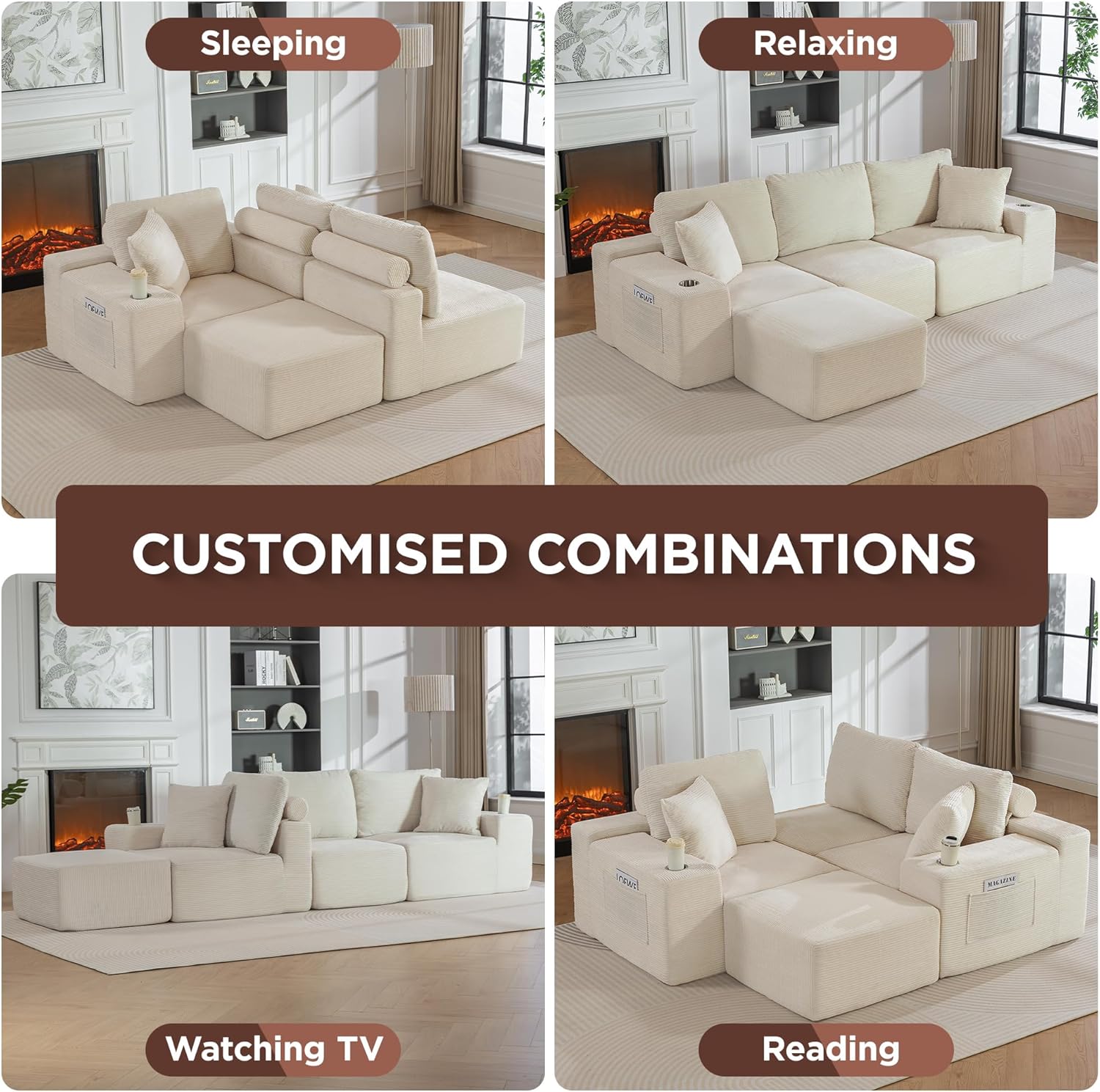 110"Modular Sectional Sofa Couches,Convertible L-Shape Cloud Couch 3 Seat Oversize Chaise with Ottoman,Compressed Foam,Comfy Boneless,Side Pockets,Cup Holders, for Living Room,Apartment,Corduroy Beige