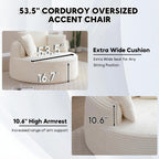 Oversized Round Chair Lounge Chaise Indoor, 53.5" Corduroy Boneless Round Chair, Fluffy Single Deep Seat Cloud Sofa Chairs, Modern Circle Chaise Lounge for Bedroom, Living Room, Beige White