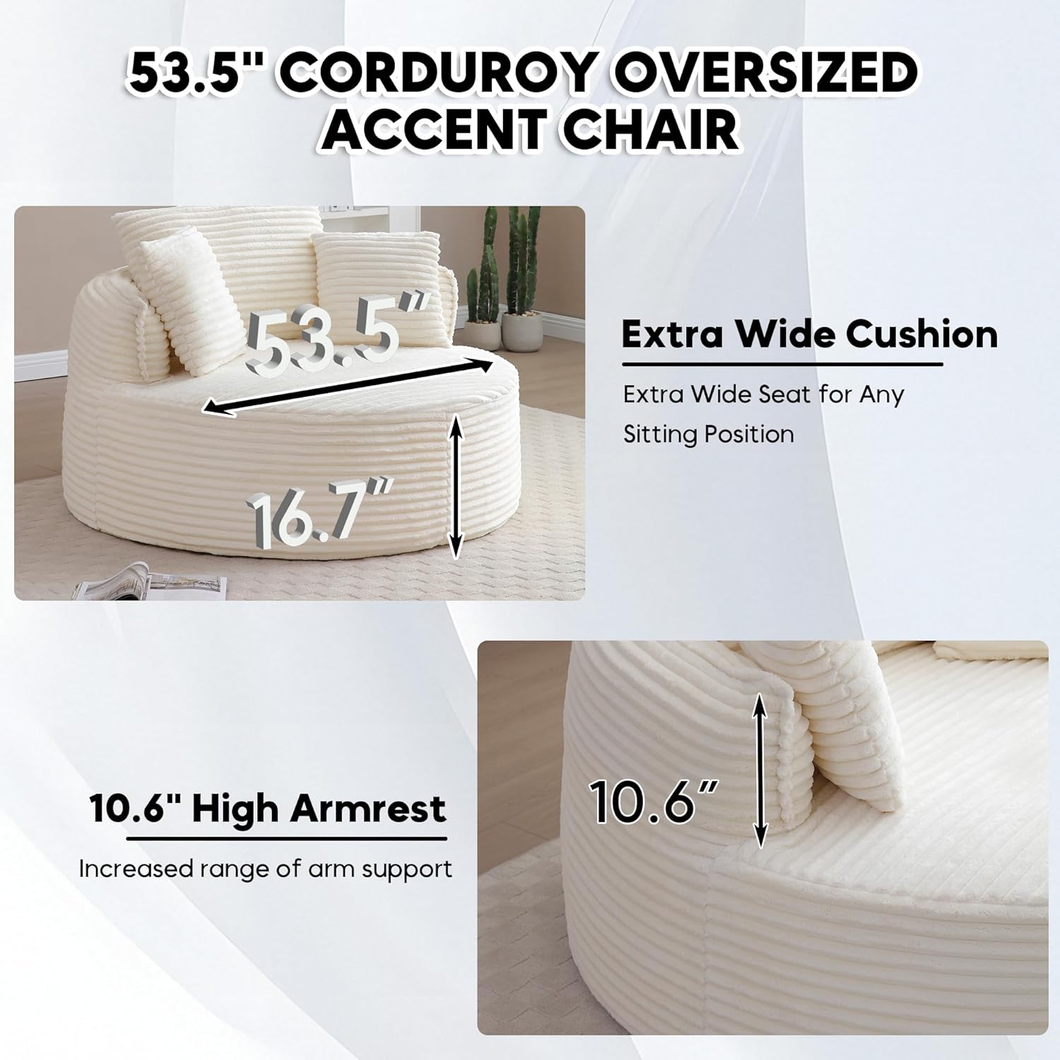 Oversized Round Chair Lounge Chaise Indoor, 53.5" Corduroy Boneless Round Chair, Fluffy Single Deep Seat Cloud Sofa Chairs, Modern Circle Chaise Lounge for Bedroom, Living Room, Beige White