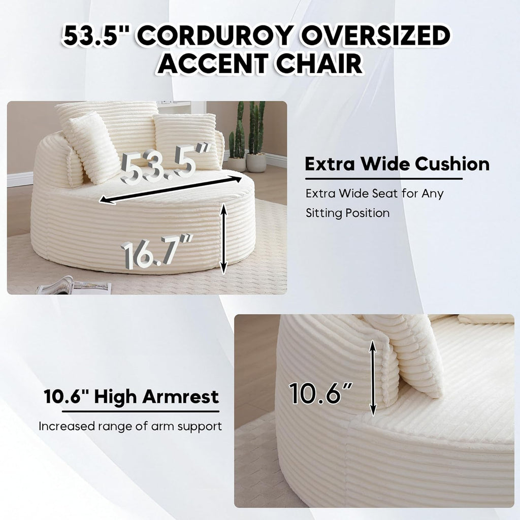Oversized Round Chair Lounge Chaise Indoor, 53.5" Corduroy Boneless Round Chair, Fluffy Single Deep Seat Cloud Sofa Chairs, Modern Circle Chaise Lounge for Bedroom, Living Room, Beige White