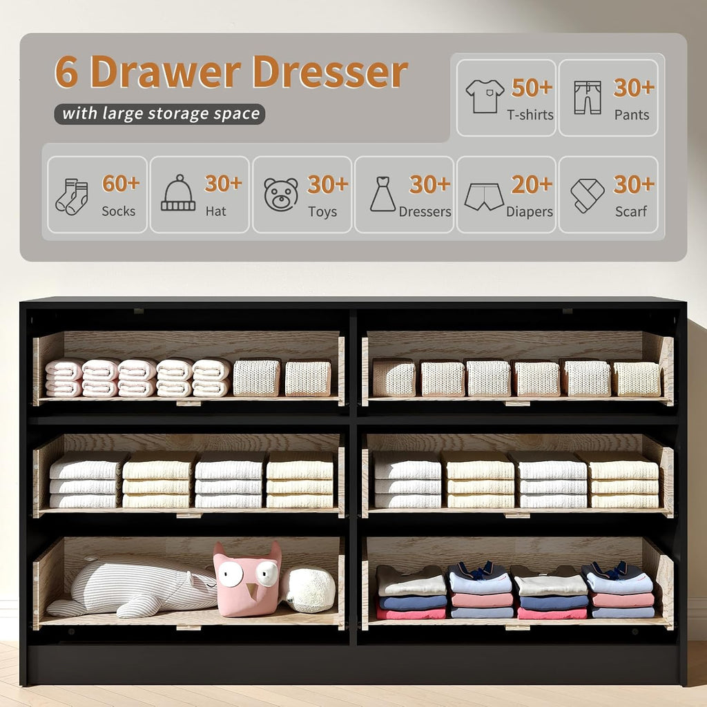 Black Dresser with 6 Deep Drawers, 55” Wide Fluted Dresser for Bedroom with Gold Handle, Modern Chest of Drawer for Closet, Bedroom, Living Room, Black