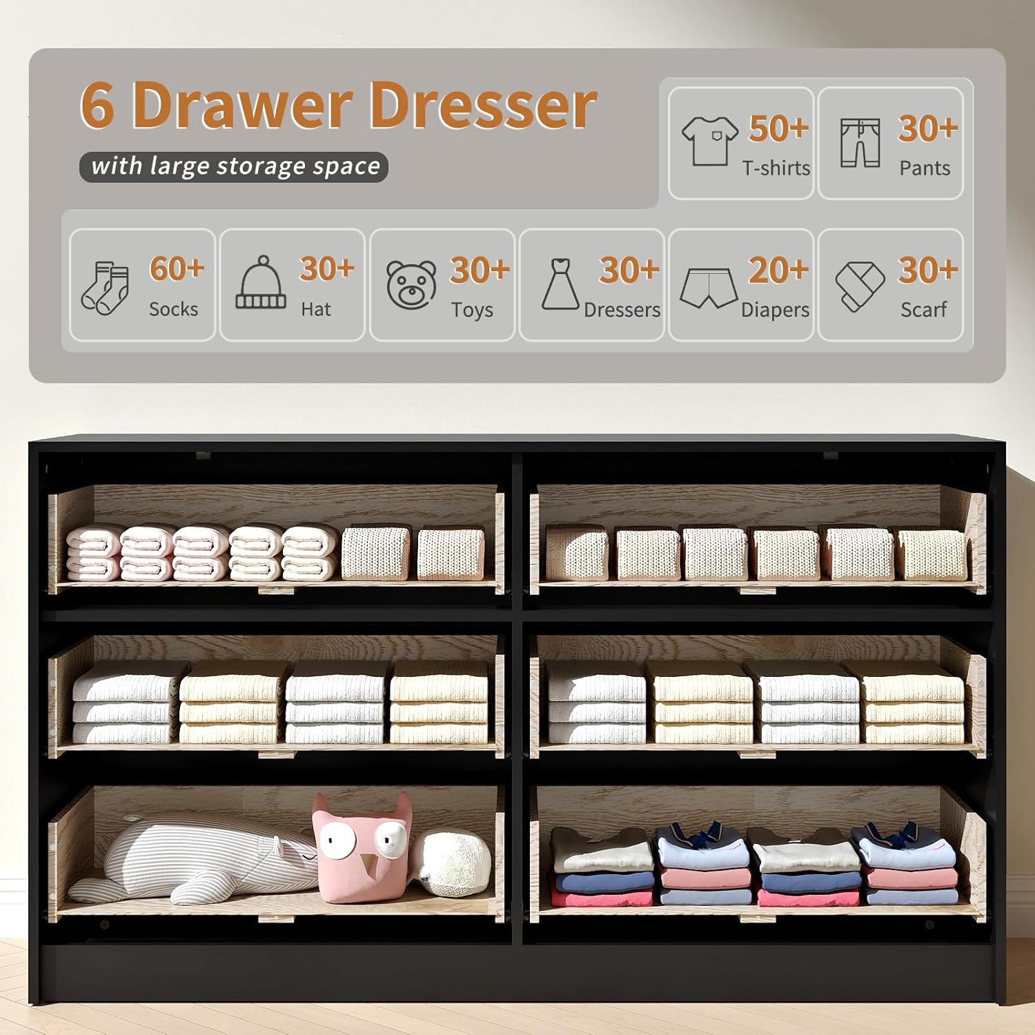 Black Dresser with 6 Deep Drawers, 55” Wide Fluted Dresser for Bedroom with Gold Handle, Modern Chest of Drawer for Closet, Bedroom, Living Room, Black
