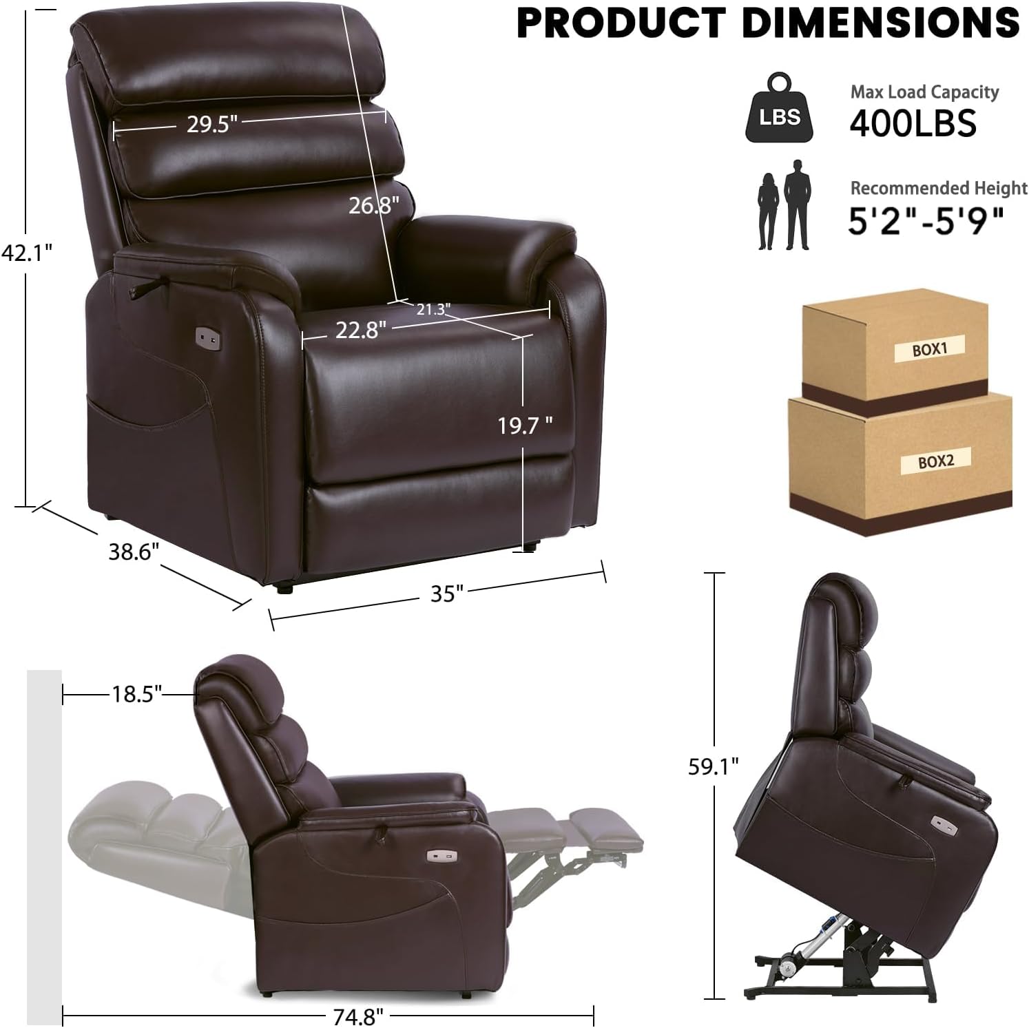 EONIX Clearance Dual Motor Lay Flat Power Lift Recliner Chair for Elderly with Heat and Massage, Electric Leather Lift Chair with Charging Ports, FSC Oeko 400lbs Heavy Duty, SLRY003061, Dark Brown