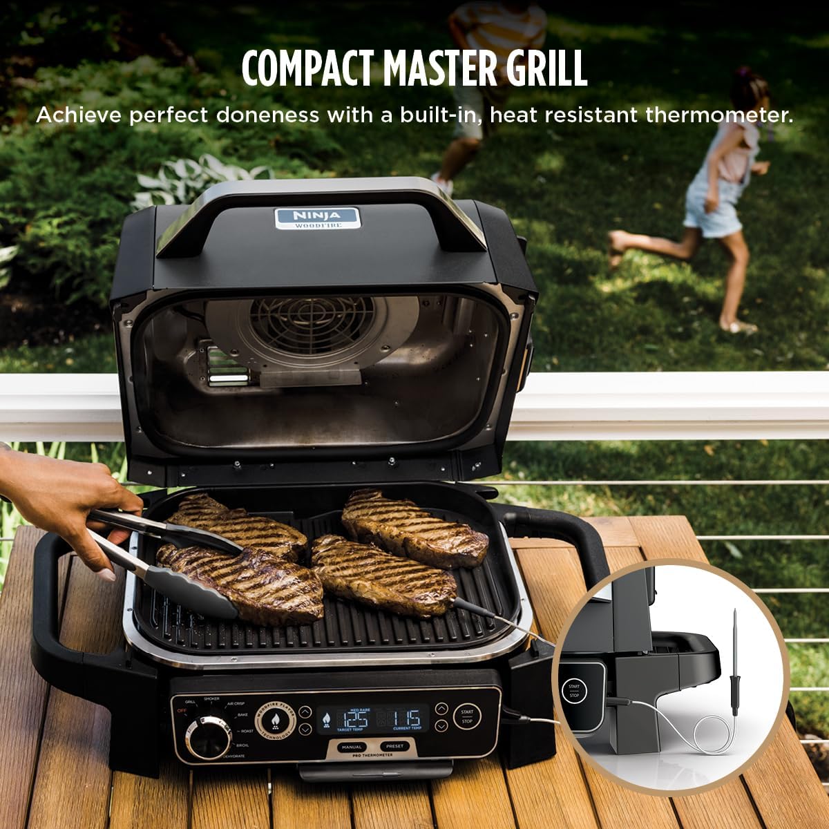 Ninja OG751 Woodfire Pro Outdoor Grill Built-In Thermometer 7-in-1 Master Grill BBQ Smoker & Outdoor Air Fryer Plus Bake Roast Dehydrate & Broil Woodfire Technology Weather-Resistant Grey XL