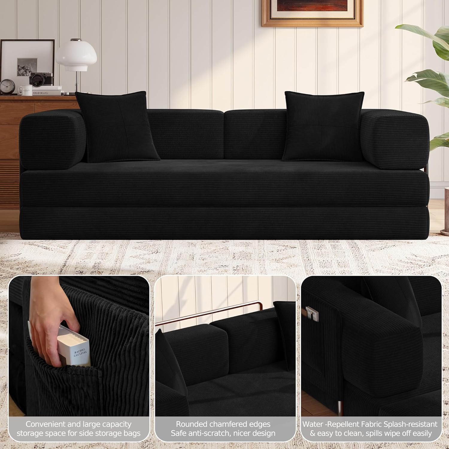 MoonSpeak 78.8''Sleeper Couch Bed for Livingroom .Convertible Modular Sofa with Armrest Pillow .Modular Fldable Corduroy Couches in a Box,No Assembly (Black)