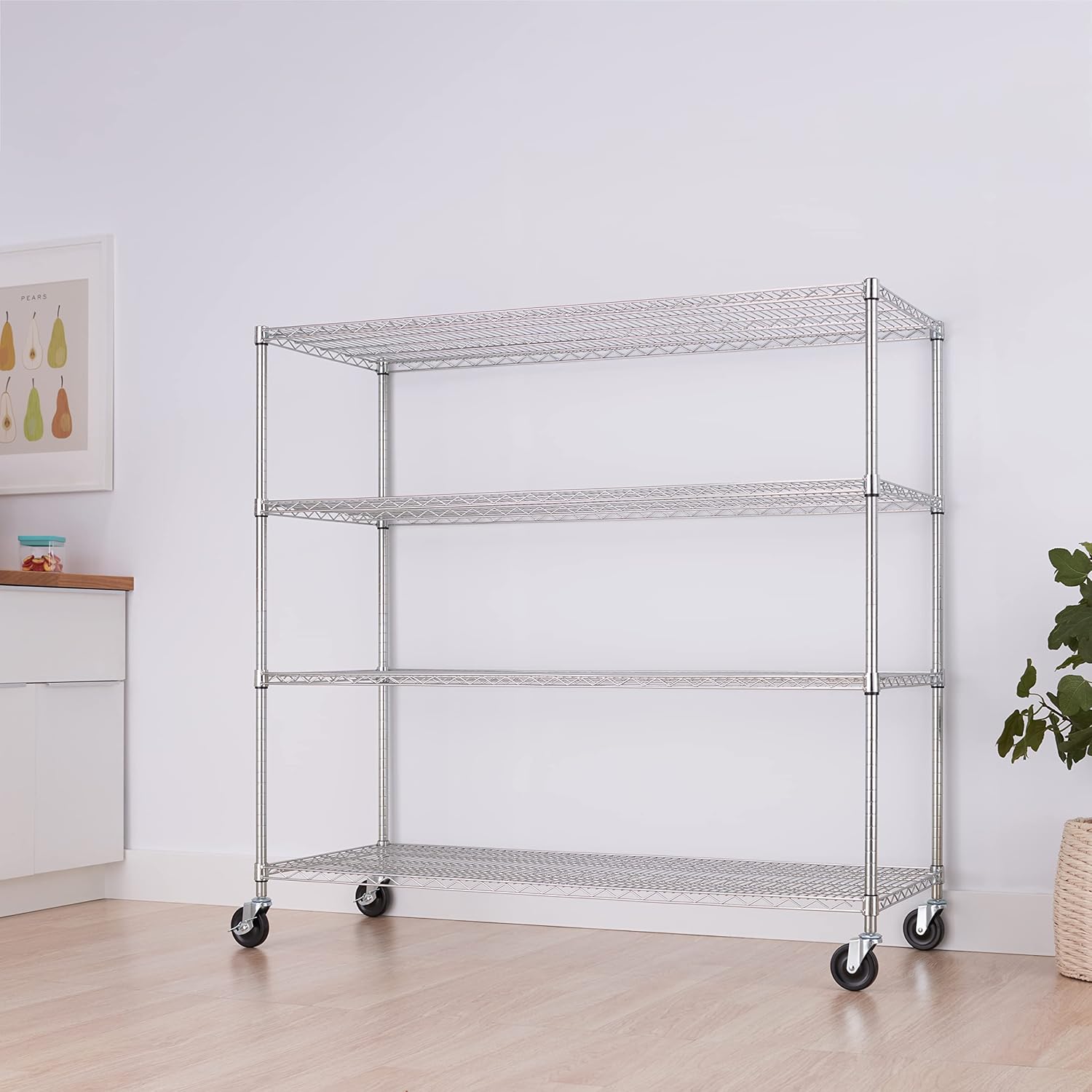 Trinity Basics 4-Tier Adjustable Wire Shelving with Wheels for Kitchen Organization, Garage Storage, Laundry Room, NSF Certified, 600 to 1800 Pound Capacity, 60” by 24” by 54”, EcoStorage Chrome