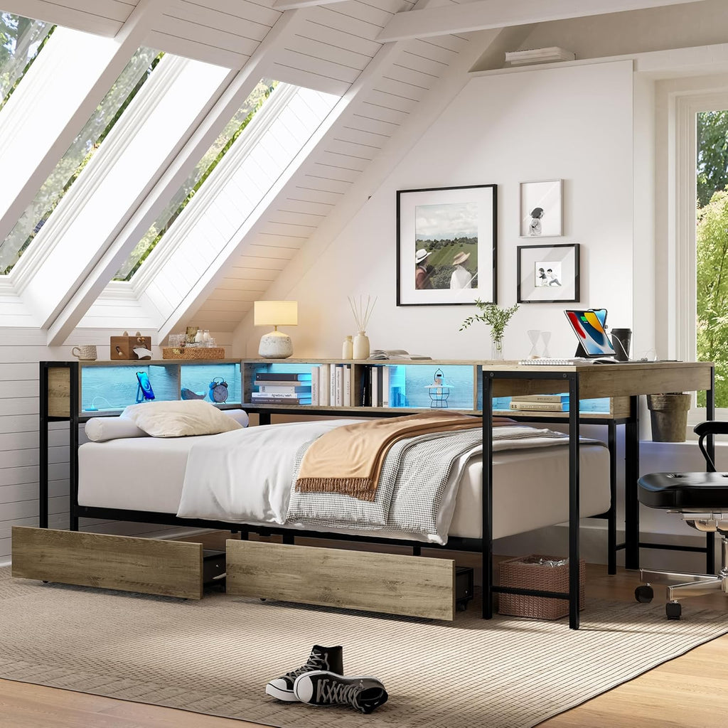 Bellemave Twin Corner Bed Frame with Desk and Storage, Twin Size Captains Bed with Charging Station and LED Light, Wood Daybeds with L-Shaped Bookcase and 2 Drawers, Grey