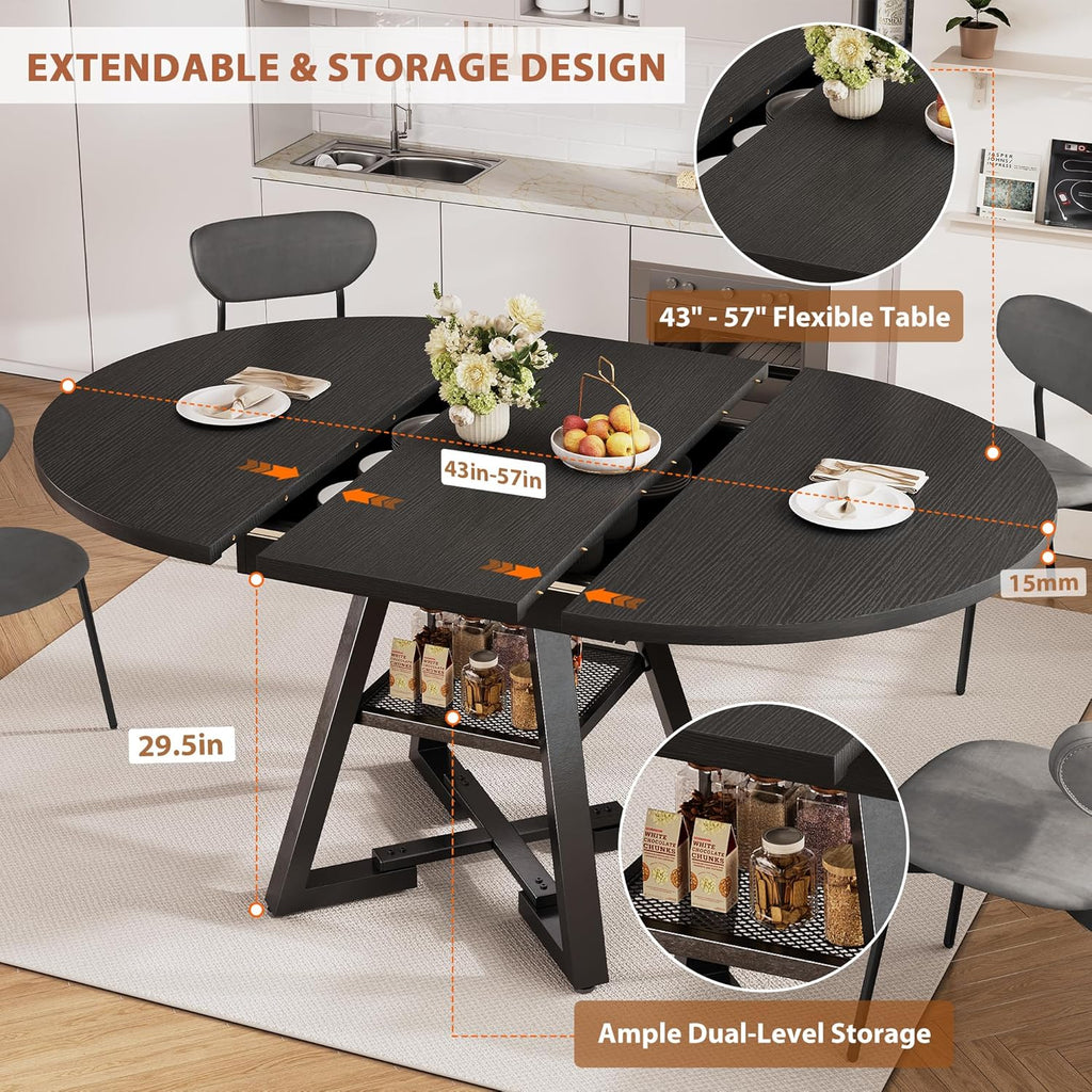 43‘’-57‘’ Extendable Round Dining Table for 4-6, Modern Industrial Kitchen Oval Dining Table with Removable Leaves, Space Saving Pedestal Base with Storage Shelf for Kitchen Living Room (Black)