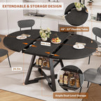 43‘’-57‘’ Extendable Round Dining Table for 4-6, Modern Industrial Kitchen Oval Dining Table with Removable Leaves, Space Saving Pedestal Base with Storage Shelf for Kitchen Living Room (Black)