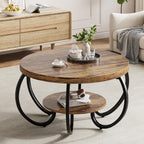 GarveeHome Round Coffee Table 30 in Center Table, 2-Tier Coffee Table Industrial Center Tables with Adjustable Feet, Living Room Tables with Storage Shelf and Designed Wood Grain, Easy Assemble
