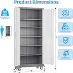 Aobabo Upgrade 71H''*32''W*16''D Metal Garage Storage Cabinet with Wheels and Pegboards, 5 Adjustable Shelves Steel Storage Cabinets for Home,Warehouse,Garage,Assembly Required,Grey and White