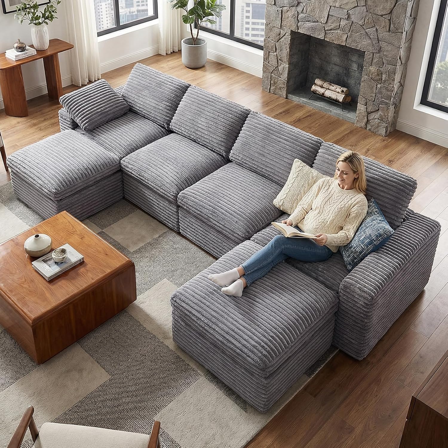 KKL 150" U Shaped Sectional Modular Boneless Sofa, 6 Seater Cloud Couch with Ottoman, Corduroy Sectional Couches for Living Room Bedroom, Grey