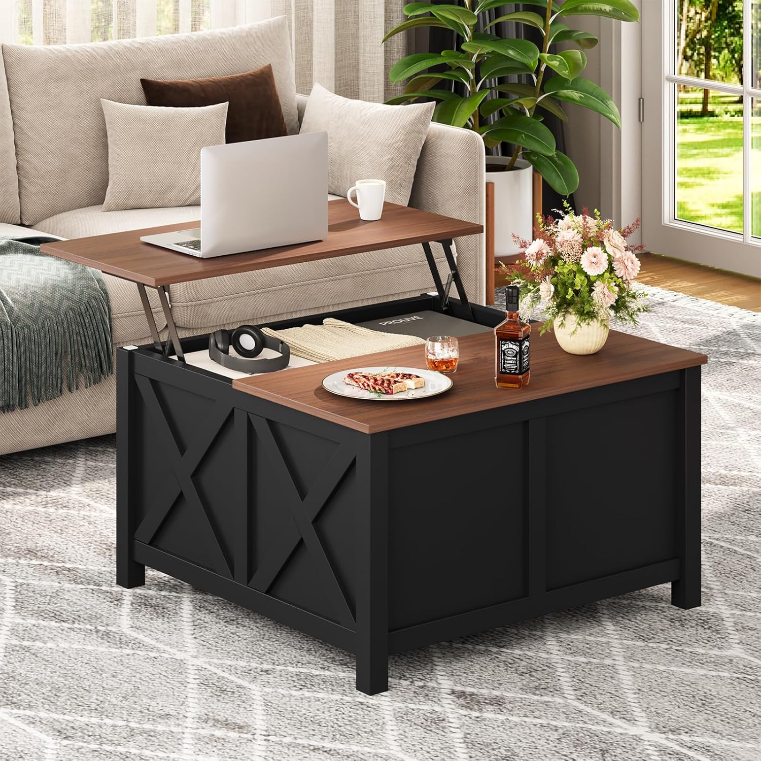 Lift Top Coffee Table with Storage, 31.5" Farmhouse Coffee Tables with Wooden Lift Tabletop and Hidden Compartment Square Center Table for Living Room, Small Space Home Office, Black