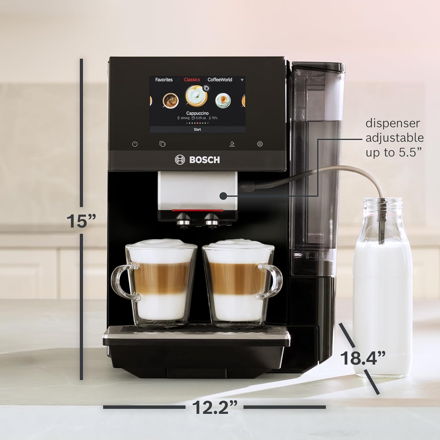 Bosch 800 Series Fully Automatic Espresso and Coffee Machine – 35 Drinks, Cold Brew, Double Cup, Milk Hose, Ceramic Grinder, Smart Features, in Black TPU60309