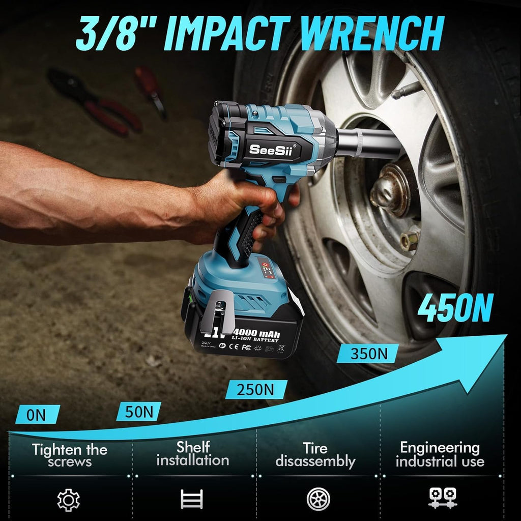 Seesii 3/8" Cordless Impact Wrench, Power Impact Gun w/Max Torque 330Ft-lbs(450N.m), 4.0Ah Rechargable Battery & 4 Sockets, Compact Power Impact Wrench for Lightduty Work Car Home,WH450