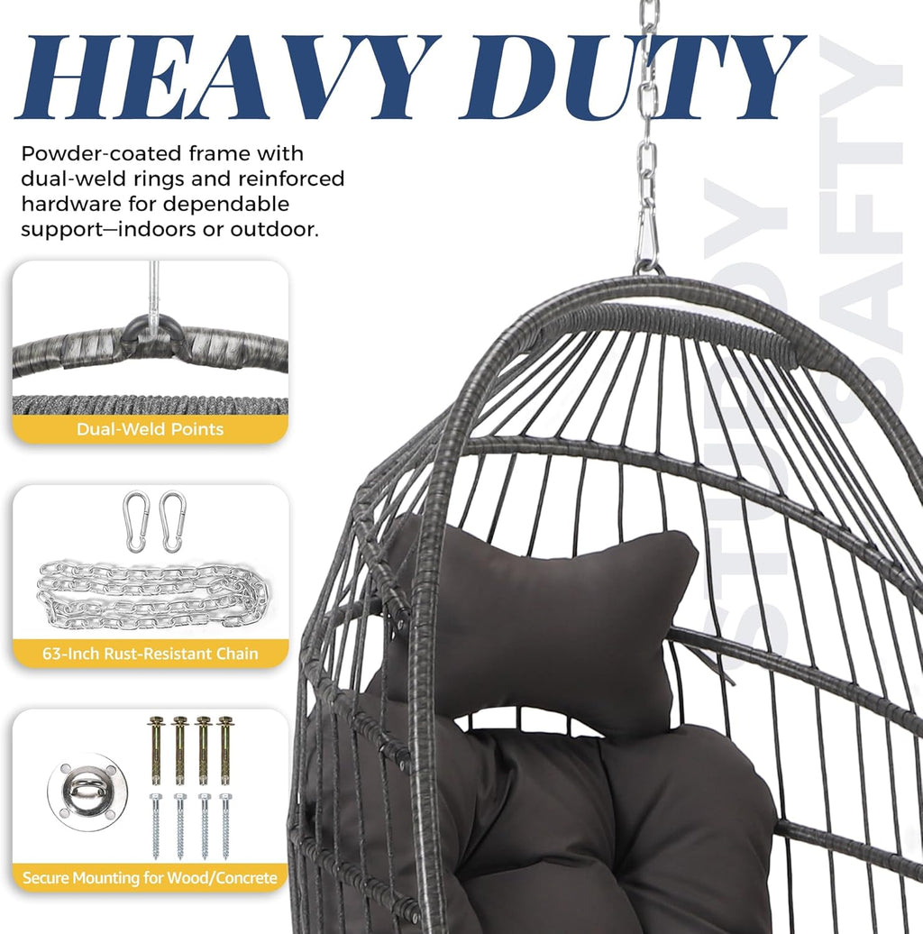 BULEXYARD Hanging Egg Chair Without Stand 350lbs Capacity, Grey Wicker Swing Egg Chair with Dark Grey Cushion for Indoor/Outdoor Patio Porch Balcony, Foldable Hammock & Tree/Ceiling/Beam Mount