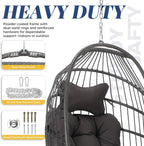 BULEXYARD Hanging Egg Chair Without Stand 350lbs Capacity, Grey Wicker Swing Egg Chair with Dark Grey Cushion for Indoor/Outdoor Patio Porch Balcony, Foldable Hammock & Tree/Ceiling/Beam Mount