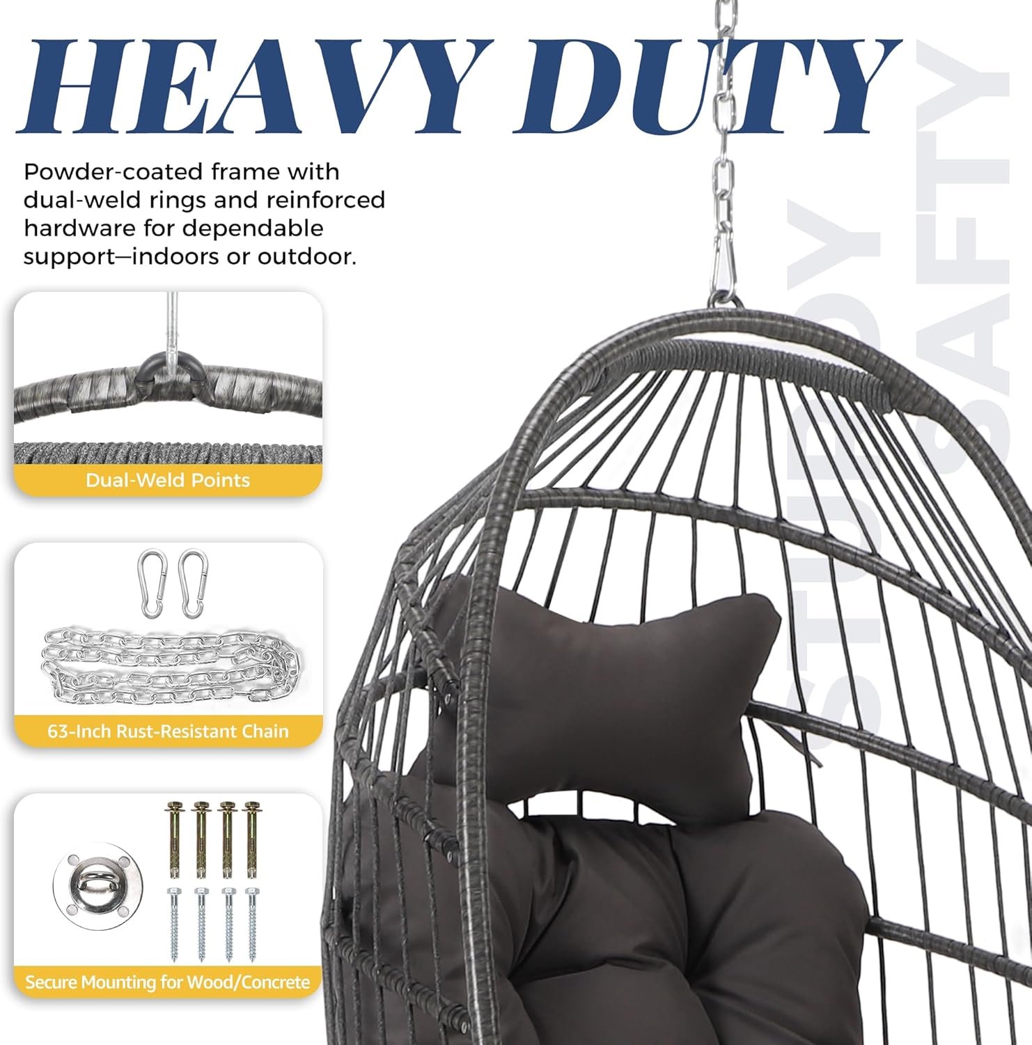 BULEXYARD Hanging Egg Chair Without Stand 350lbs Capacity, Grey Wicker Swing Egg Chair with Dark Grey Cushion for Indoor/Outdoor Patio Porch Balcony, Foldable Hammock & Tree/Ceiling/Beam Mount