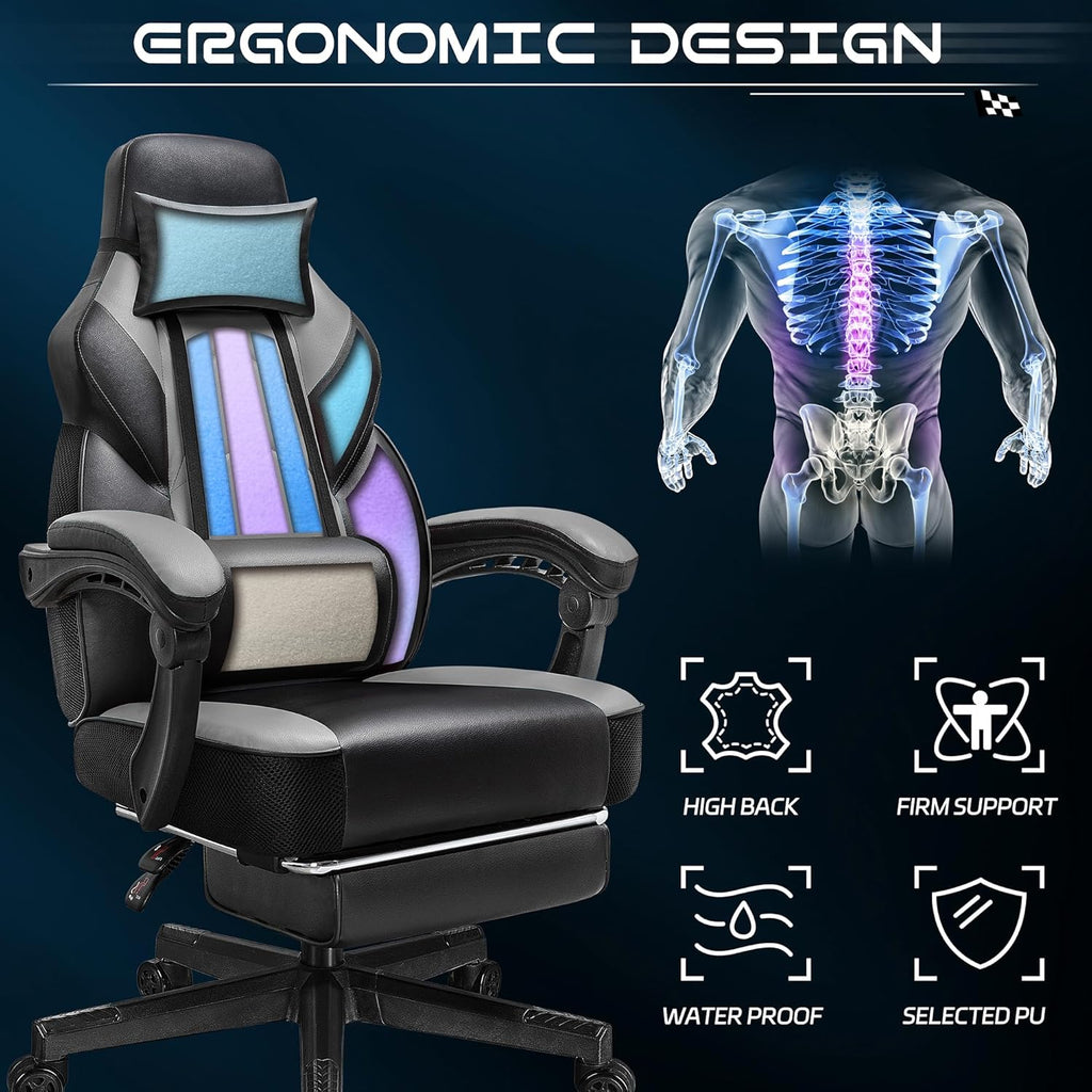 Meilocar Gaming Chair for Adult, Computer Chair with Footrest Video Game Chair Big and Tall Gaming Chair with Massage Lumbar Support, Adjustable Height and 360° Swivel Seat(Grey)