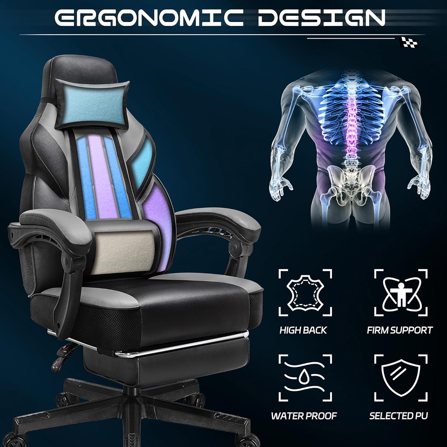 Meilocar Gaming Chair for Adult, Computer Chair with Footrest Video Game Chair Big and Tall Gaming Chair with Massage Lumbar Support, Adjustable Height and 360° Swivel Seat(Grey)