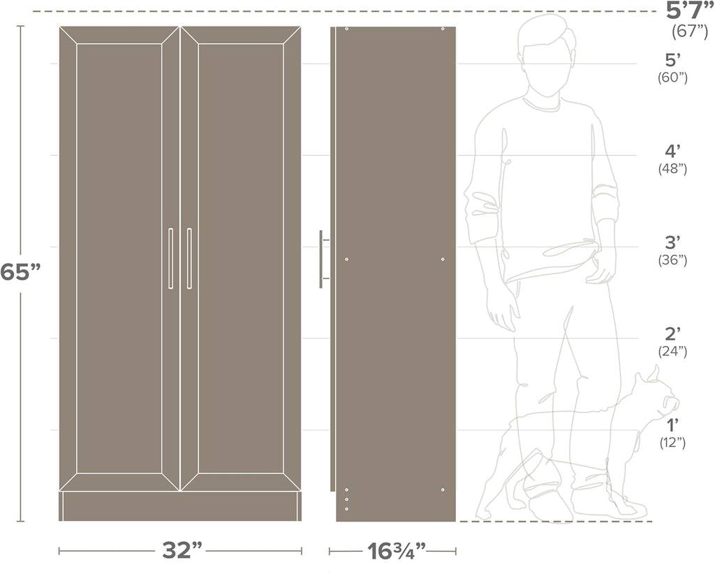 Prepac Natural Oak Elite 65" Tall Accent Kitchen Pantry Cabinet, Craft or Bathroom Storage Cabinet, Buffet Storage with Panel Doors, 3 Shelves, 32" W x 16.75" D x 65" H, Ideal for Home Organization