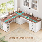 SEDETA Farmhouse L Shaped Electric Standing Desk, 63" x 67" Height Adjustable Home Office Executive Desk with Drawers and Shelves, Standing Computer Desks with Power Outlet for Home Office, White